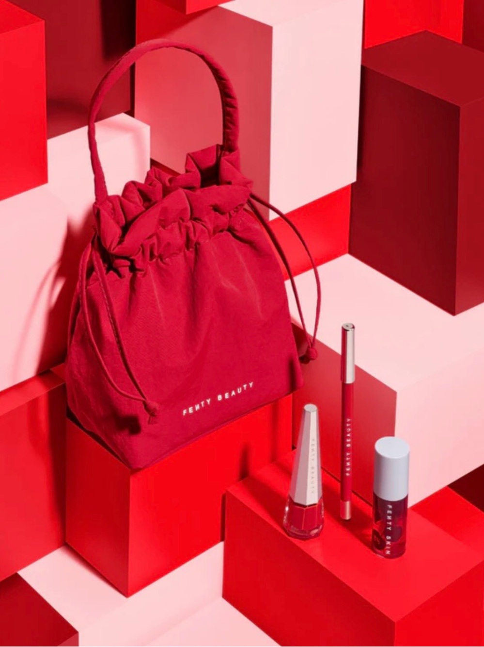 Fenty Beauty Red Drawstring Pouch Bag With Nail Polish, Lip Pencil And Oil